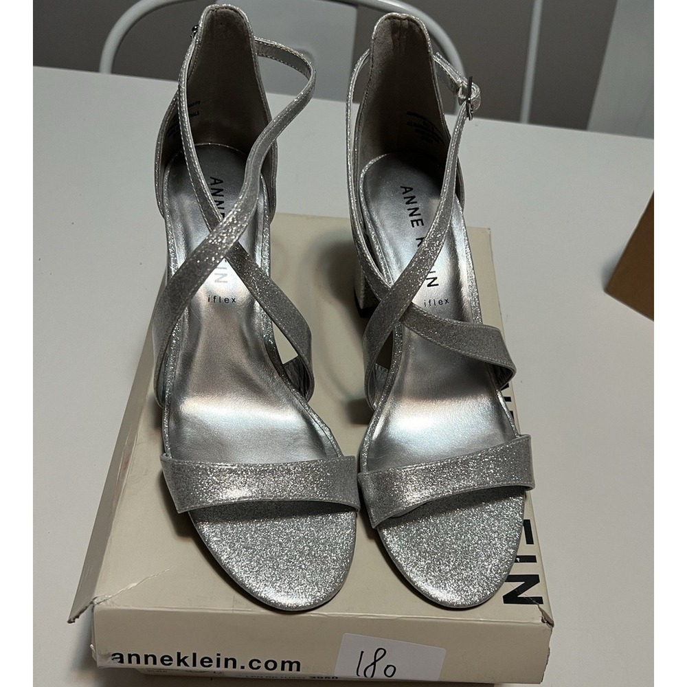 Anne Klein Silver Strappy Open Toe Ankle Strap Block Heel Sandals 10 NIB